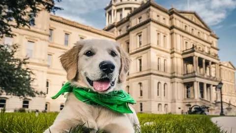 Puppy laying in front of Michigan Capitol building