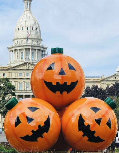 pumpkin decorations on washington square in Lansing
